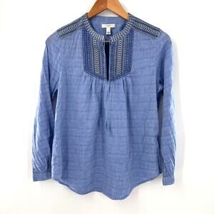 J Crew Top Womens‎ 4 Peasant Embroidered Split V-Neck Long Sleeve Blue Tassel